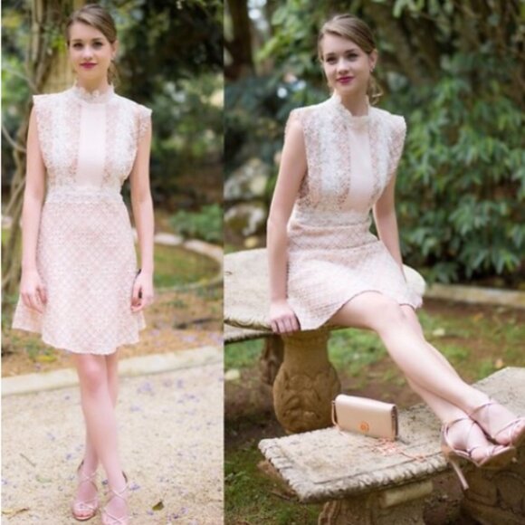 Sandro Dress Women's Size US 6 (French 2) Peaches High Neck Lace - Cream-Nude - Picture 6 of 16